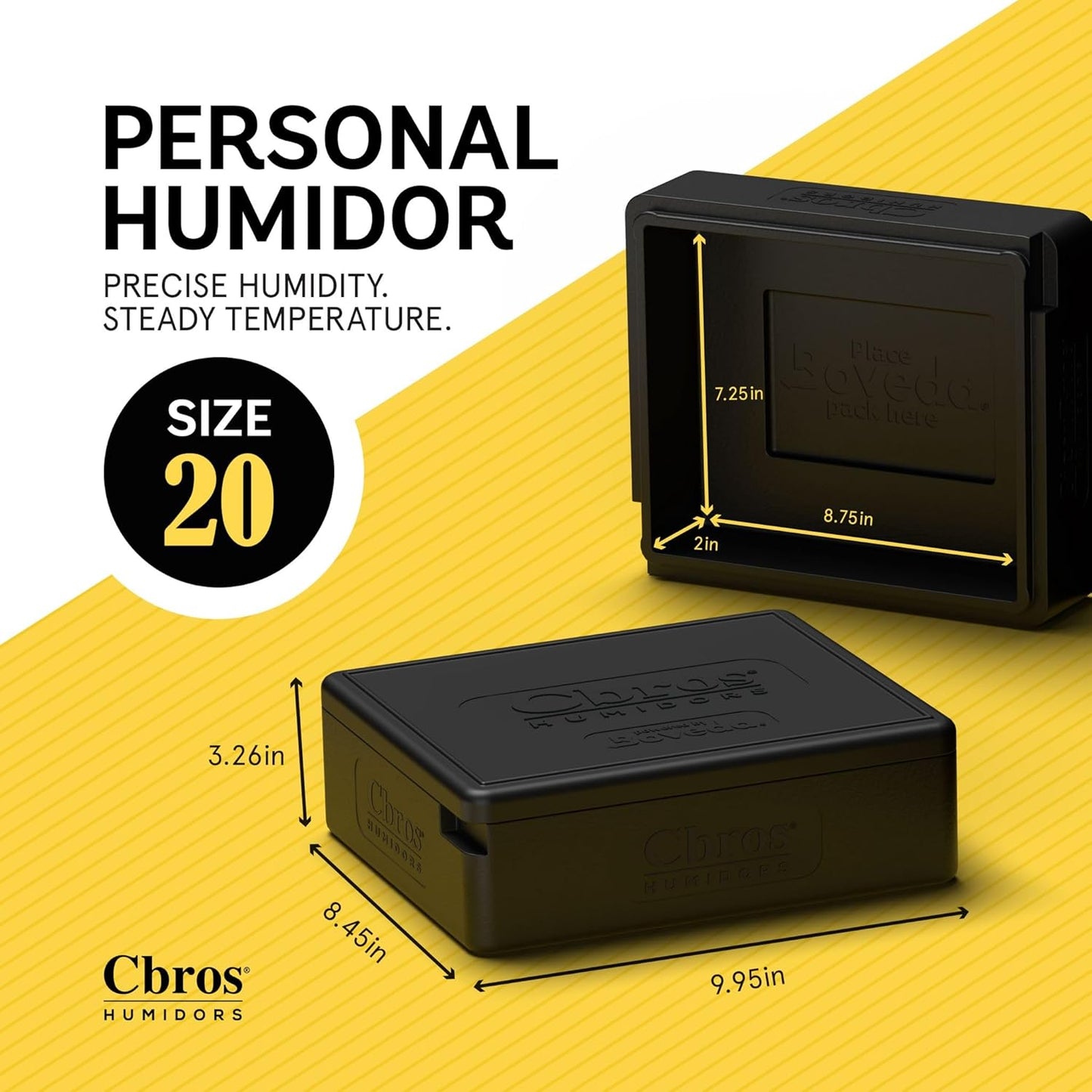 CigarBros Size 20 Personal Humidor with Two-Way Humidity Control Box Powered by Boveda