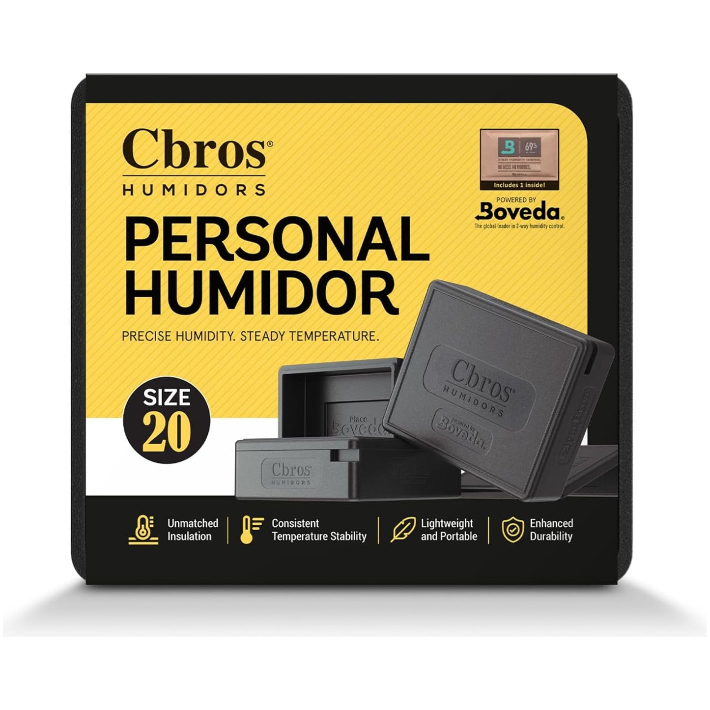 CigarBros Size 20 Personal Humidor with Two-Way Humidity Control Box Powered by Boveda